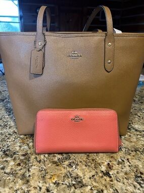 Coach Brown Leather Tote with Coral Zip Wallet